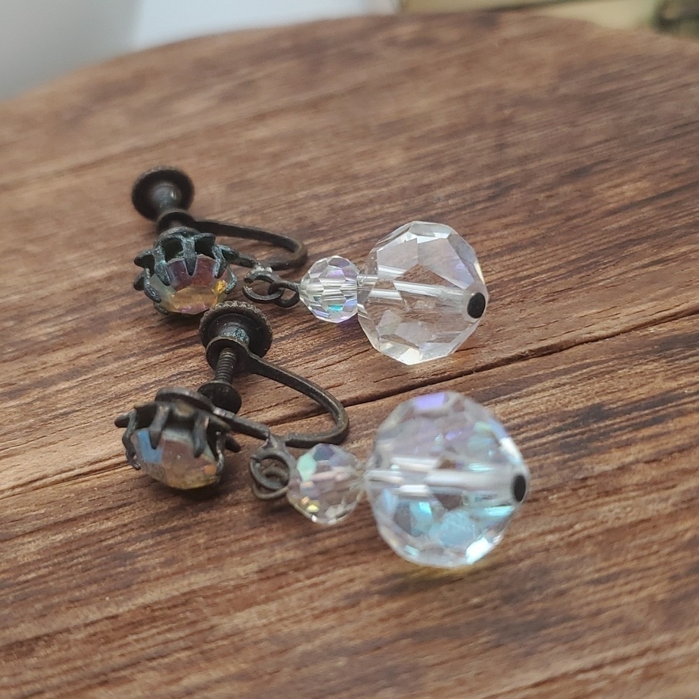 Coro antique‎ bauble chandelier aurora borealis earrings screwback E219